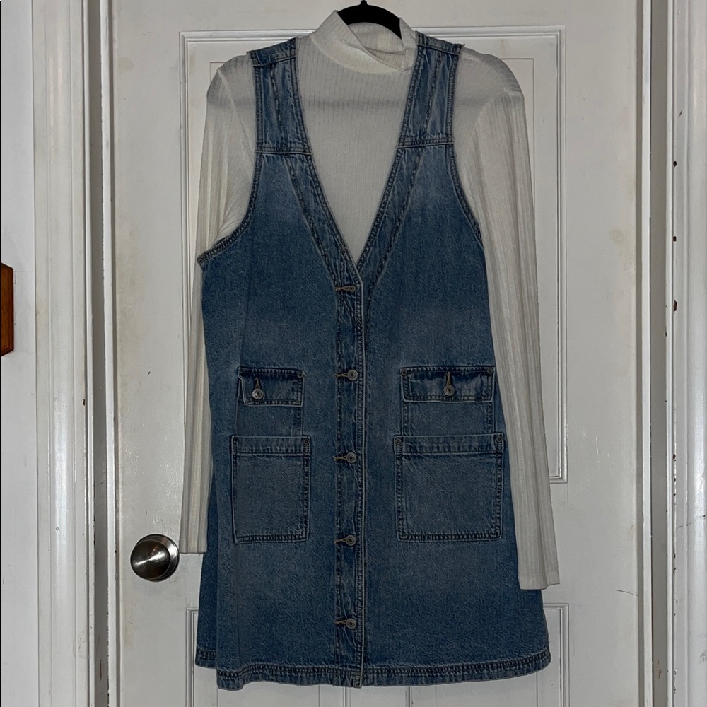 2 in 1: Denim Button-Down Vest Dress with White Turtleneck Bodysuit